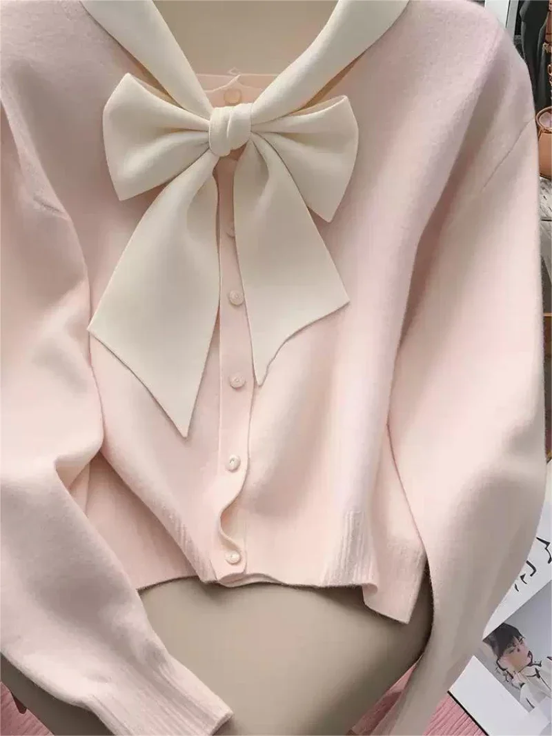 Maglione da donna con colletto rovesciato con fiocco rosa Autunno Inverno Cardigan lavorato a maglia chic unico Design dolce e carino Top ampio a maniche lunghe