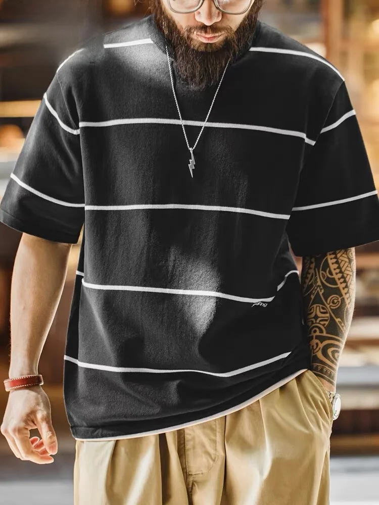 

Мужская повседневная футболка Maden в полоску с круглым вырезом и коротким рукавом, летняя, свободного кроя, для ежедневной носки, из смесового полиэстера и нейлона