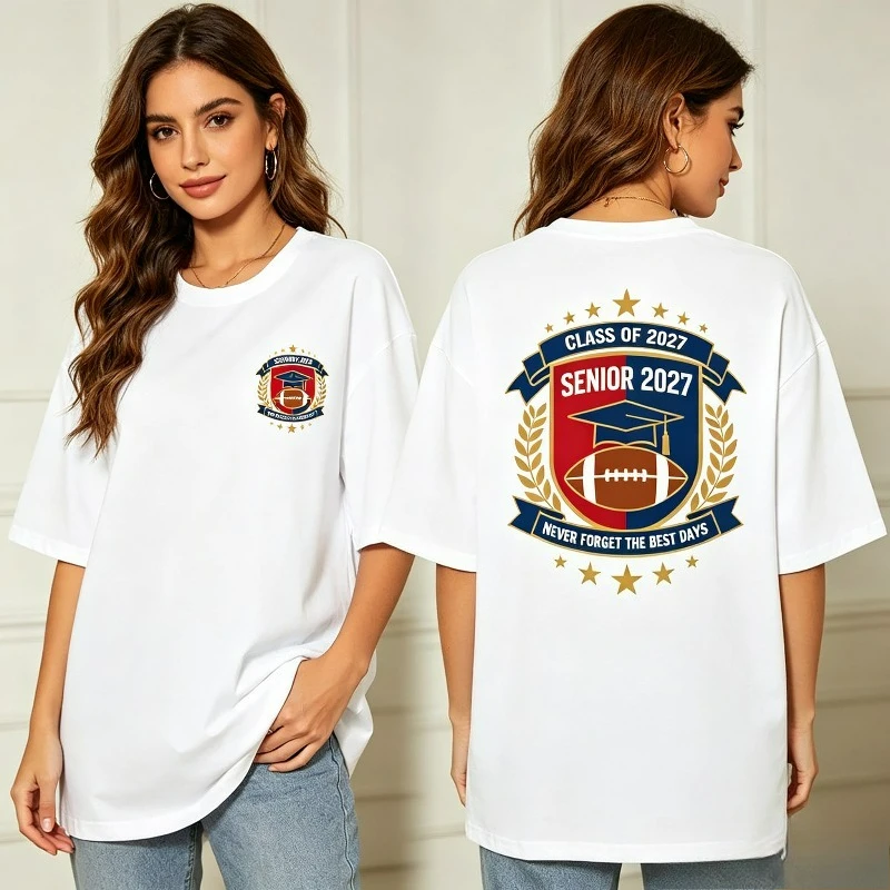 CLASS OF 2027 SENIOR 2027. 100% Cotton Women T‑Shirt, Front & Back Graduation Badge Print, for School Party & Daily Casual Wear