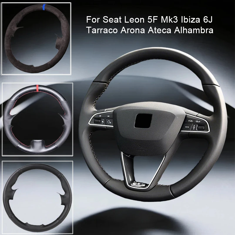 Protector para volante de coche de cuero y fibra de carbono personalizado para Seat Leon 5F Mk3 Ibiza 6J Tarraco Arona Ateca Alhambra OEM