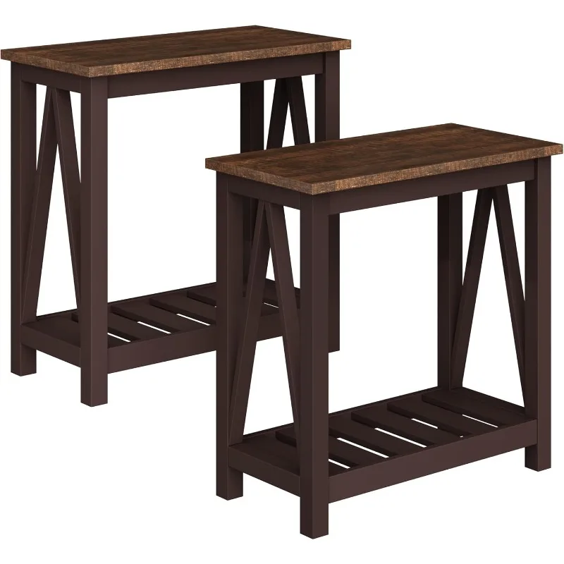 Farmhouse Side Table, Rustic Vintage Narrow Side Table, Coffee Set of 2