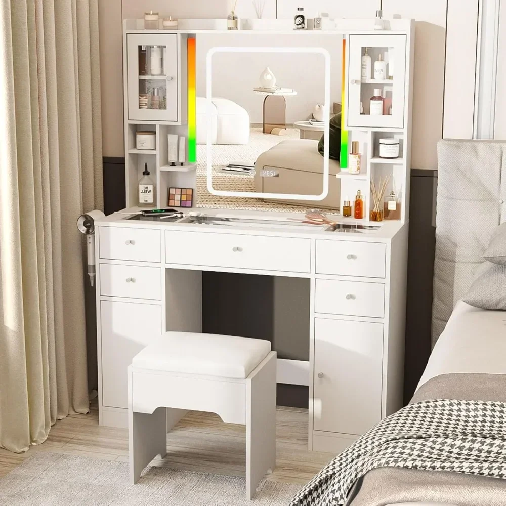 White Vanity Desk with LED Mirror,Makeup Vanity with Charging Station & RGB Lights,5 Drawers 4 Shelves Makeup Desk Vanity Table