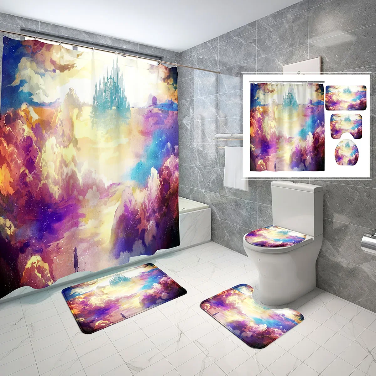 4 Pcs Colorful Cloud Shower Curtain Sets Art Sunlight Sky Painting Non-slip Bath Mat Toilet Lid Waterproof Shower Curtain Set