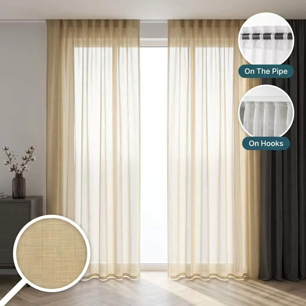 Elegant Natural Solid Faux Linen Sheer Tulle Curtain European Style Window Drapes for Living Room Bedroom Kitchen