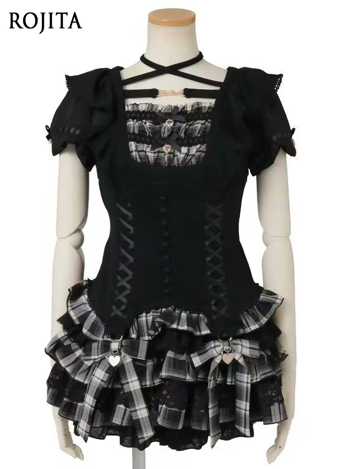Japanese Sweet and Cute Liz Plaid Splicing Short-sleeved Dress Shorts Set Gothic Lolita 2 Piece Set Women Halter Cross Strap Top