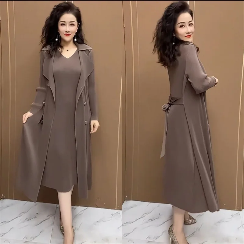 Spring Autumn Fashion Slim Pleated Suit Collar Fake Two Piece Windbreaker Coat Comfortable Waist Shrinking Elastic Dress Belt