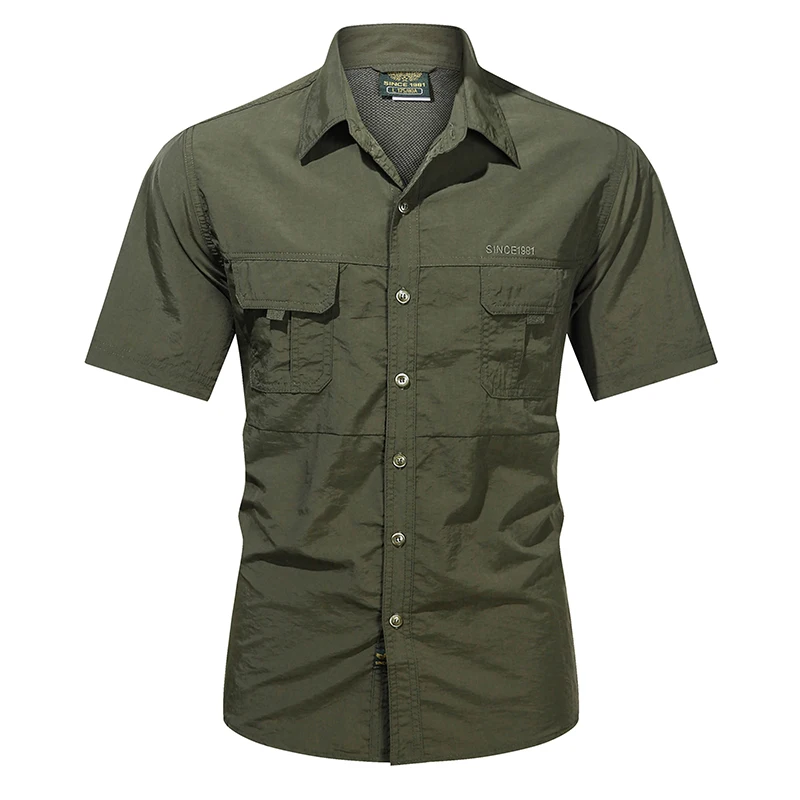 2024 Summer New Fashion Men Short Sleeve Solid Color Military Shirt Casual Cargo Work Nature Hike Pocket Shirts Male Plain Tops