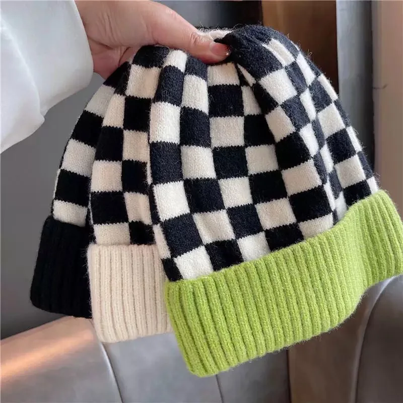 Jersey para mujer, sombrero coreano a cuadros, moda versátil, de alta calidad, Otoño Invierno, bufanda gruesa y cálida, guantes, sombreros de punto para niña