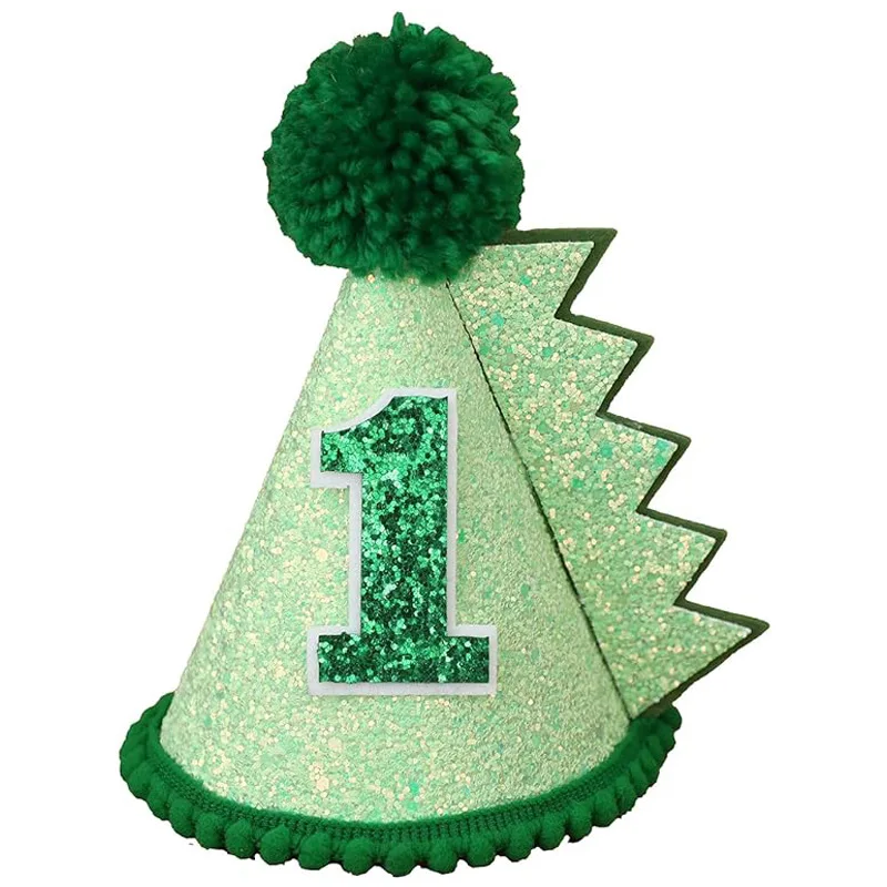 1PC Boy Dinosaur Birthday Hat ONE Green Headwear Decoration Baby Shower Two Glitter Roar Party Crown