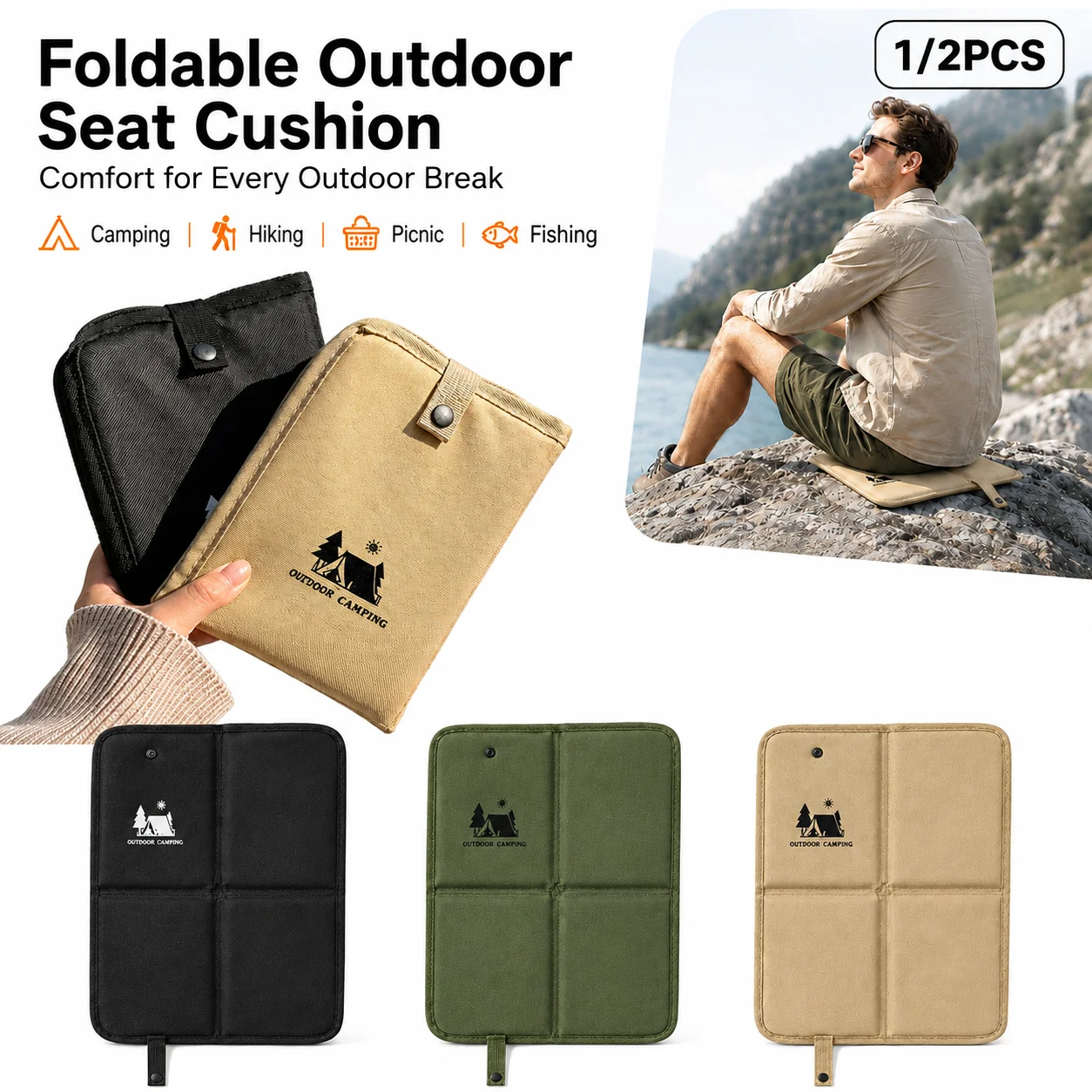 1/2Pcs Portable Folding Seat Cushion Oxford Cloth Padded Ground Mat Compact for Camping Hiking Travel Picnic Park Beach Use