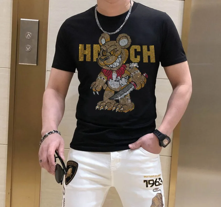 

2025 Summer Short Sleeve T Shirts Men Brand Cartoon Bear Pattern Rhinestones Fashion Streetwear O Neck Slim Tshirts Plus Size