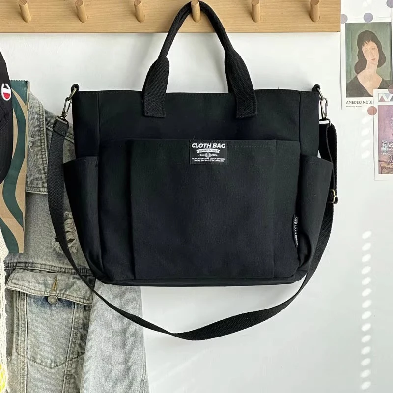 Commuter Canvas Portable Zipper Female Student Large Capacity One Shoulder Crossbody Handheld Tote Bag Horizontal Square