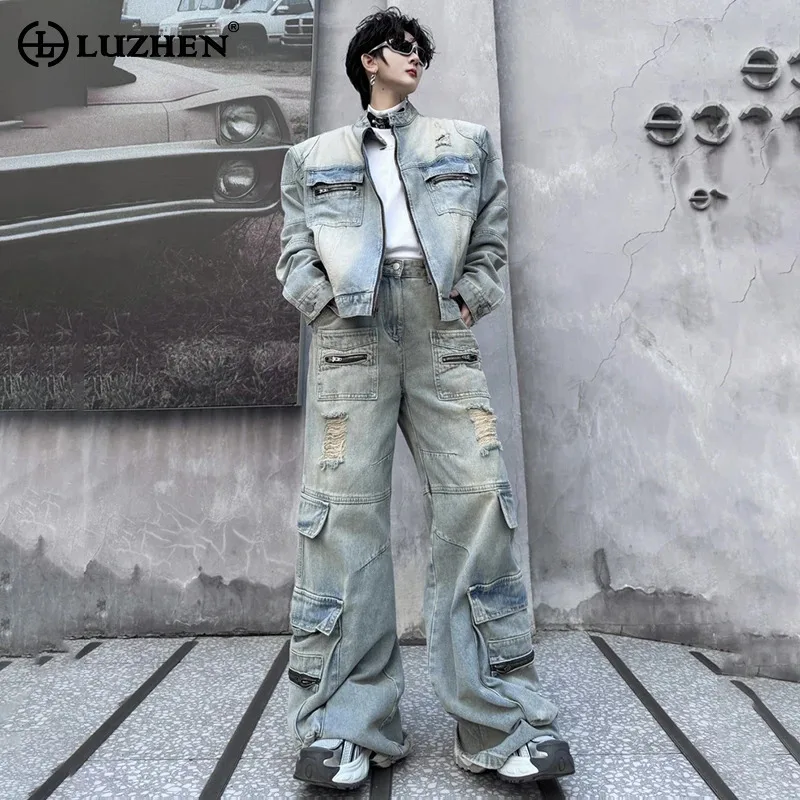 

LUZHEN Fashion Wornout Denim Jackets Sets Personalized Trendy Men Stylish Street Patched Design Straight Jeans Two Piece LZ6761