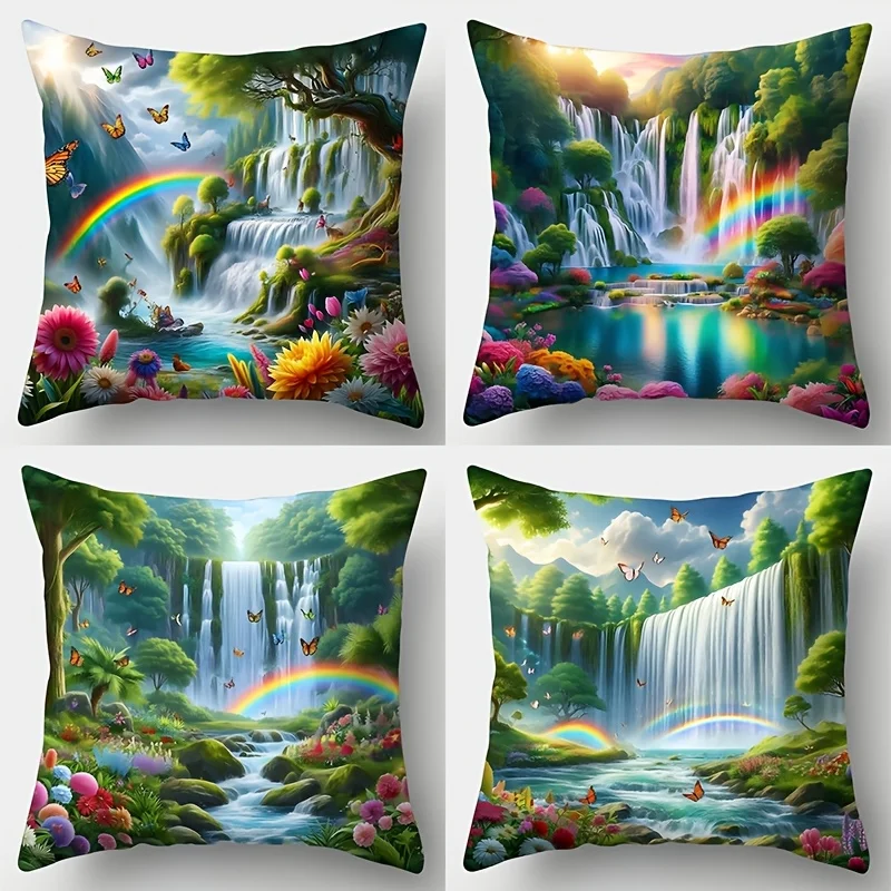 4 Stück Fantasy-Wasserfall-Kissenbezüge, 45 x 45 cm, doppelseitig bedruckt, Regenbogen-Wald-Kissenbezüge, Naturlandschaft, Heimdekoration, Nr