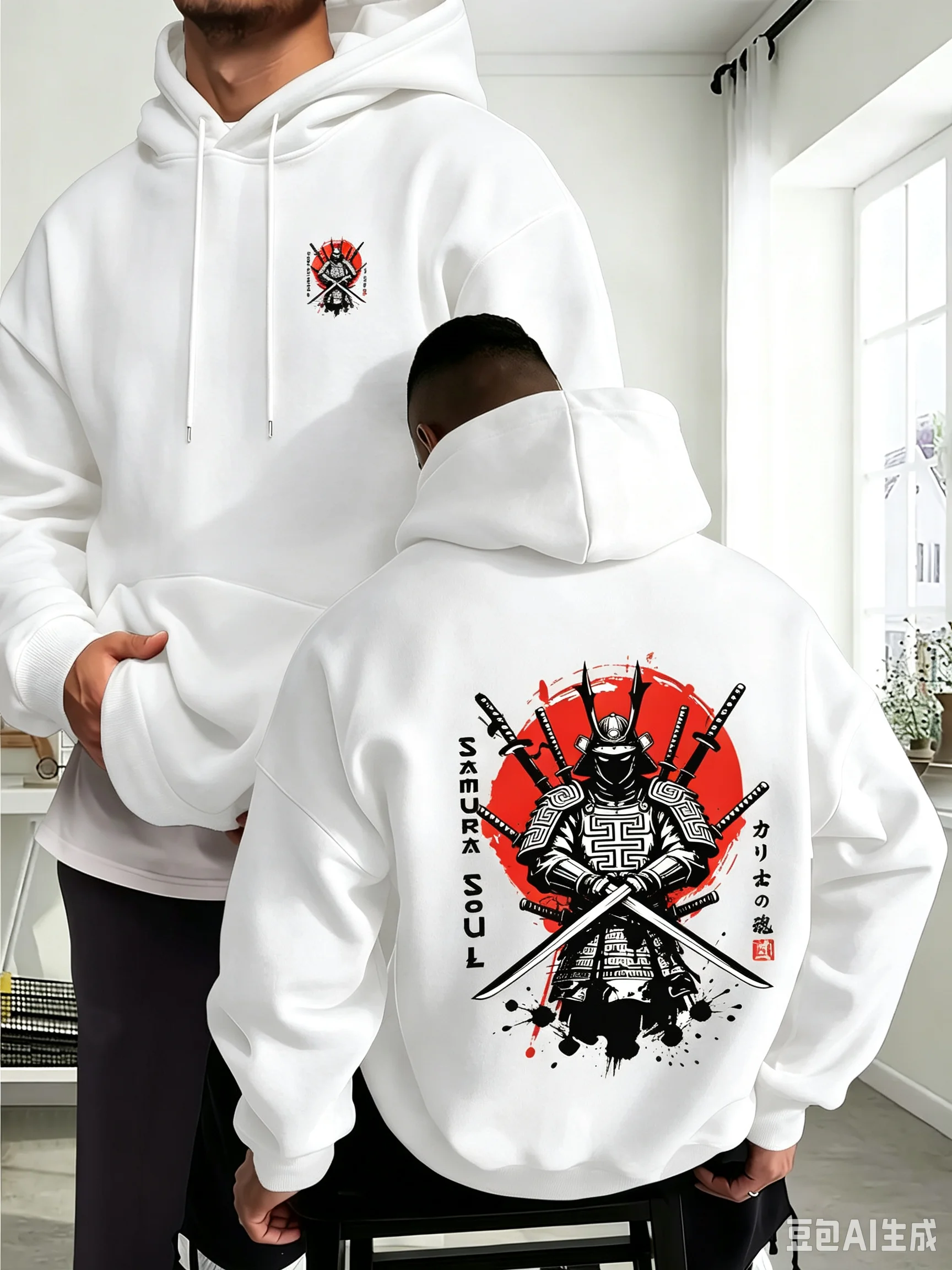 Men's Warm Winter and Autumn Hooded Sweatshirt with Japanese Samurai Print - Trendy and Fashionable for Outdoor Sports Wearing.