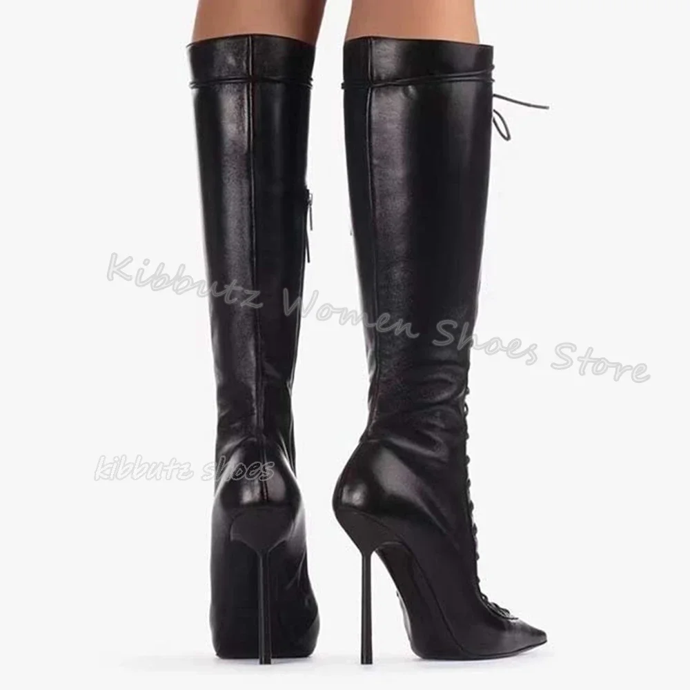 Hollow Knee High Boots Leather Solid Color Novelty Fashion Elegant Sexy Luxury Concise Women Shoes Pointed Toe Thin Heel Newest - Image 4