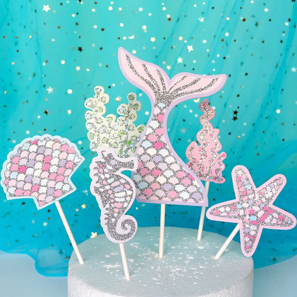 7Pcs/Set Mermaid Happy Birthday Cake Toppers Purple Pink Sea Shell Mermail Tail Cake Toppers for Mermaid Birthday Cake Decortati