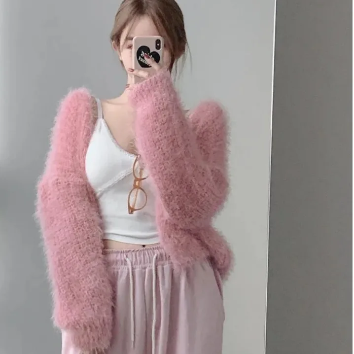 Laid-back Style Loose Furry Knitted Cardigan Women's Regular Fit Long Sleeve Polyester Fiber Spring Autumn Online Exclusive