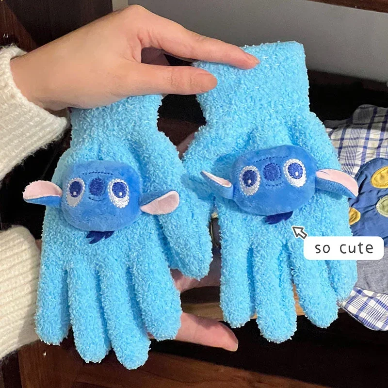 Disney Stitch Cotton Gloves Cartoon Anime Figures Cute Doll Coral Velvet Full Finger Glove Thicken Winter Warm Girls Boys Gifts