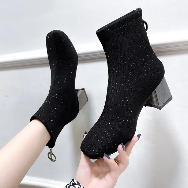 Metal Blade Heels Socks Boots Women Stretch Fabric Elastic Stilettos Heel Pointed Toe Ankle Boots Shoes Woman Chunky Heels Boats