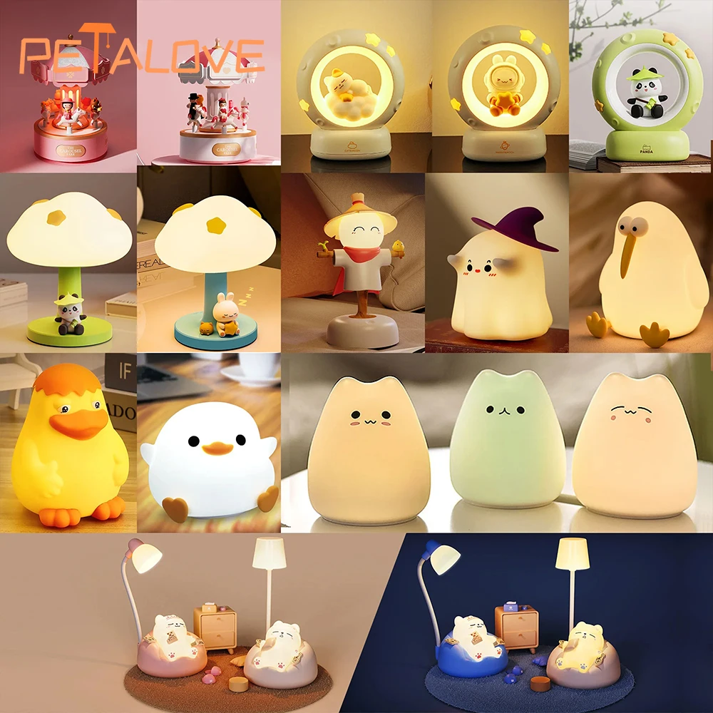 19 Style Night Light Scarecrow Duck Cat Ghostess  Kiwibird Cloud Panda Music Box Colorful Lovely Charging Silicone Lamps Cute