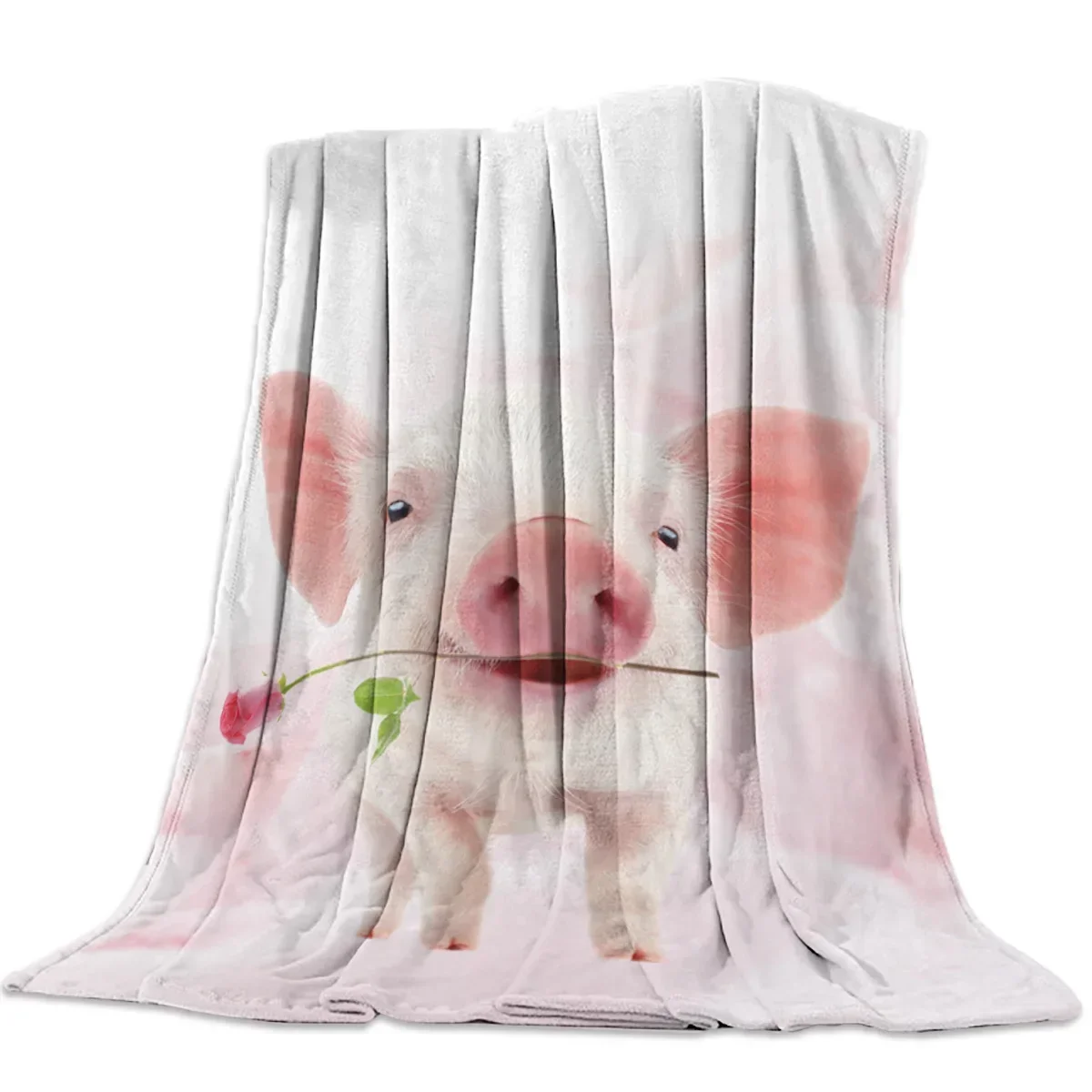 Pink Pig Flower Rose Flannel Blanket for Bed Sofa Portable Soft Fleece Throw Blankets Funny Plush Bedspread Queen King，Custom