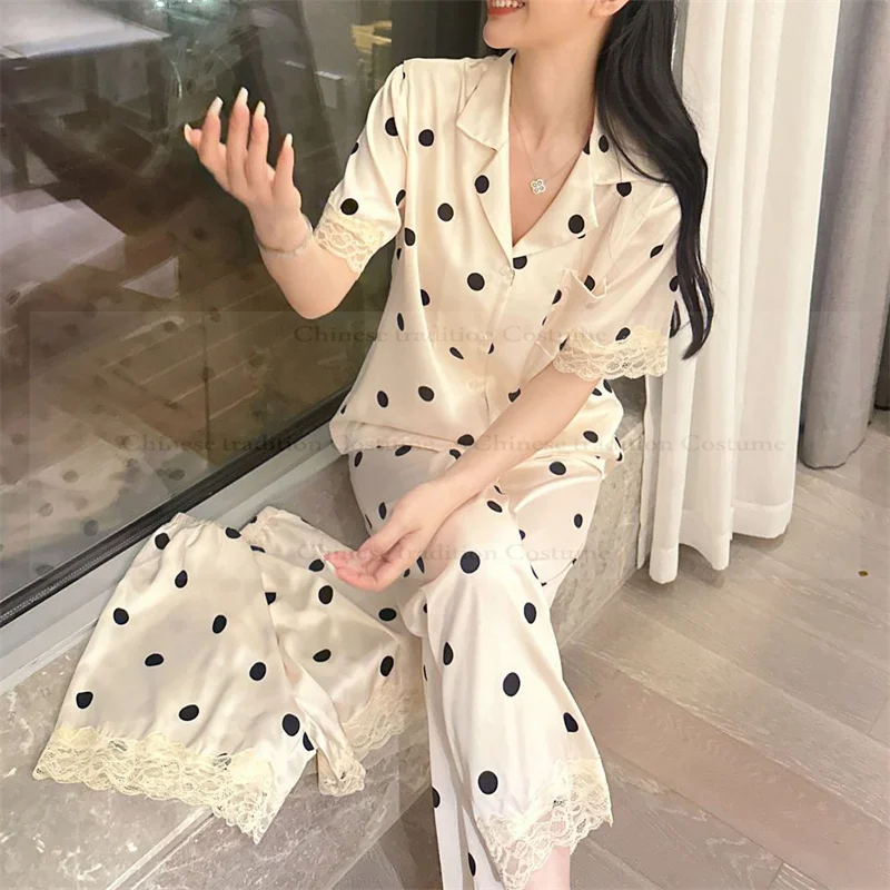 Luksusowy zestaw piżam w kropki, 3-częściowy, seksowna bielizna nocna z koronkowym wykończeniem, damska odzież domowa z krótkim rękawem z rayonu.