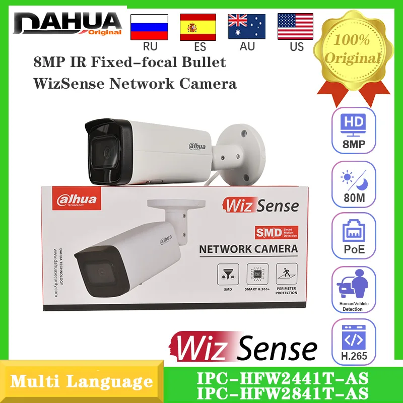 

Original Dahua 4MP IPC-HFW2441T-AS & 8MP IPC-HFW2841T-AS IR Fixed-focal Bullet WizSense Network Camera Built in MIC IP67 IK10