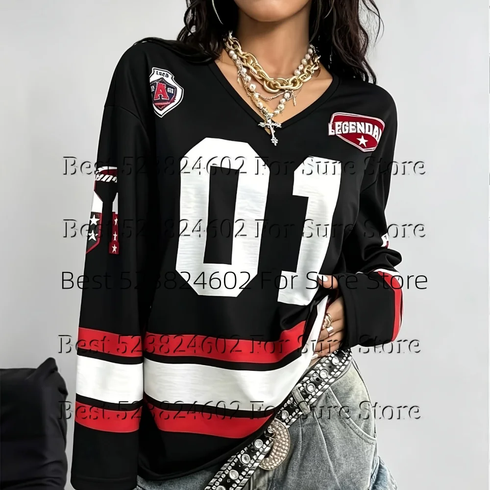 Vintage 01 Number Graphic Women Hockey Jersey Tops Color Block Striped Long Sleeve V Neck T-shirt Y2K Street Style Loose Tee