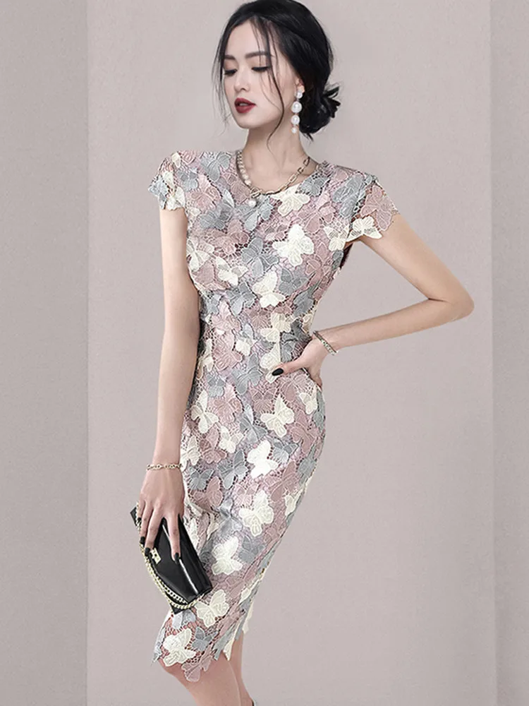 SMTHMA Summer New Korean Style Slim Knee-Length Butterfly Dress Women Colored Lace Hollow Out Flower Fashion Dresses Vestidos