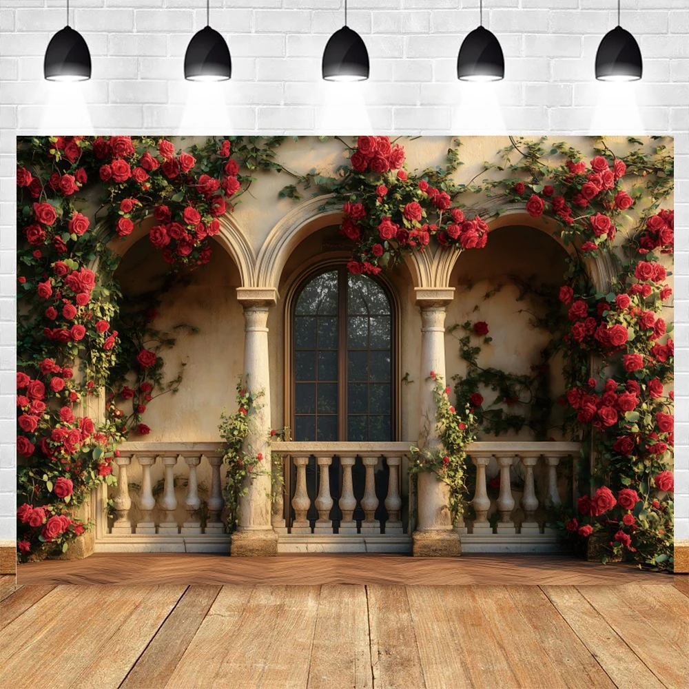 Red Rose Retro European Castle Palace Photography Backdrop Spring Flower Arch Bride Shower Wedding Party Background Photo Studio