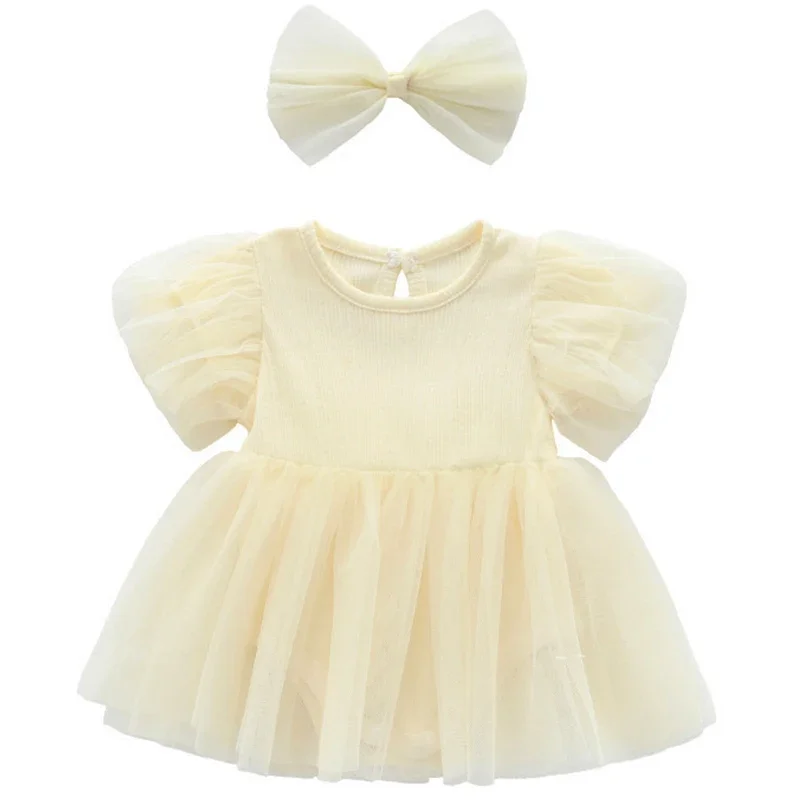 

2025 Summer Baby Girls Clothes Cute Princess Bodysuit Korean Fashion Mesh Sleeveless Jumpsuits+Hair Band Newborn Clothing BC1498