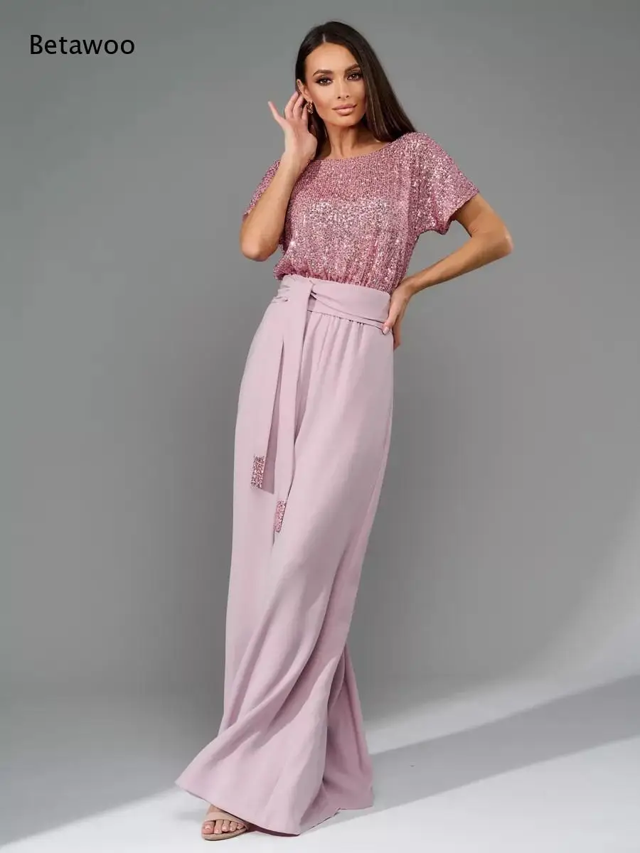 Women Short Sleeve Sequin Top and High Waist Ribbed Wide Leg Pants Two Piece Outfit with Sash Belt