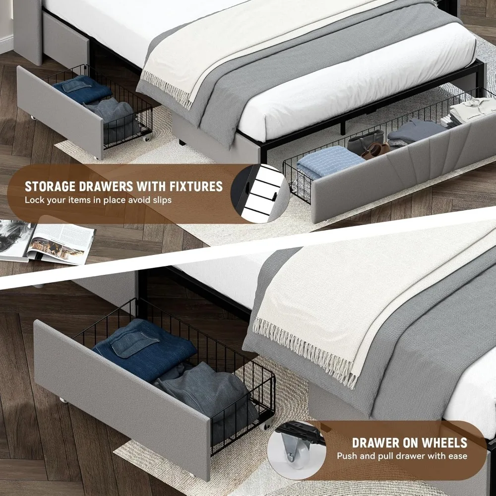 إطار سرير معدني بحجم كينج مع لوح رأسي منجد وأدراج تخزين ومنافذ USB ونوع C، لا حاجة إلى صندوق زنبركي #6