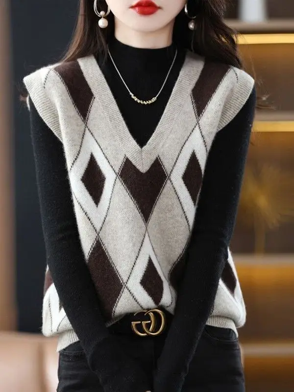 

Весенне-осенний свободный вязаный шерстяной жилет с v-образным вырезом, женский жилет, верхняя одежда с бриллиантами, лоскутное, обычное, тонкое, среднее