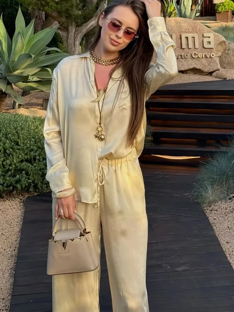 

KONDALA повседневный шикарный женский однотонный костюм, атласная однобортная блузка, широкие брюки, новая мода, домашняя одежда 2025 года, уличный праздничный костюм