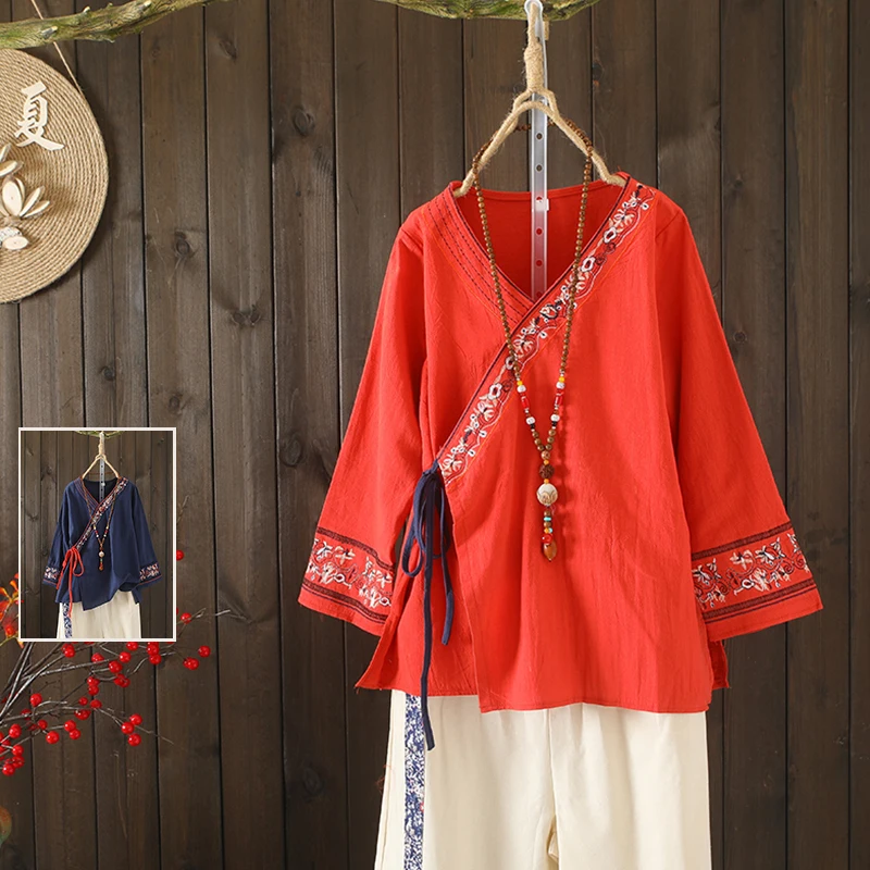 

Повседневный топ из хлопка и льна с вышивкой Ele V-Ne Sa Tie для женщин больших размеров, летний свободный крой для поездок на работу