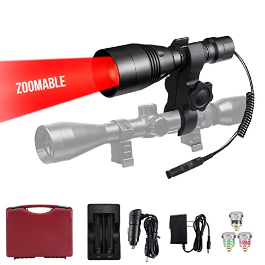 A8Plus Long Range Zoomable Hunting Flashlight Spotlight Kit, Green Red White Infrared 850nm IR Interchangeable LED Modules, Pre
