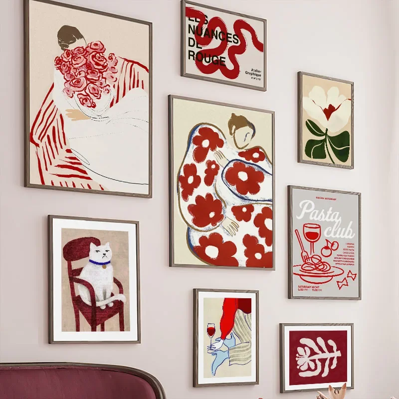 Rot gestreift Mädchen Blume Katze Kaffee abstrakte Wand Kunst Leinwand Malerei Hotel Bar Bilder für Wohnzimmer Dekor