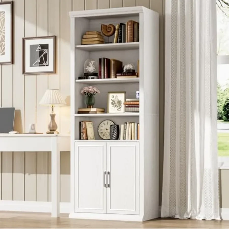 28 W White Bookcase and Bookshelf with Doors for Living Room, MDF Material, Pure White, Adjustable Shelves and Concealed Storag