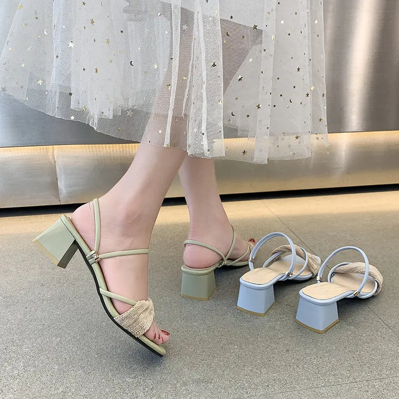 Elegant High Heels Sandals Women New Summer Shoes Women Fashion Two Threading Methods Casual Sandals Square Heel Female Shoes