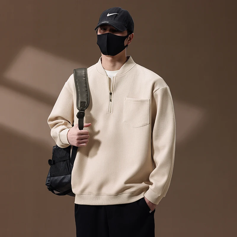 

Мужская толстовка свободного кроя на молнии с длинным рукавом и воротником-бомбером, базовый слой, модная повседневная одежда для весны и осени, однотонная