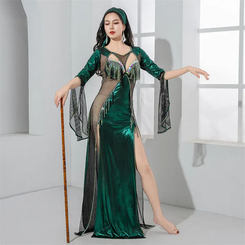 Light Luxury Bellydance Costume Fishnet Rhinestone Decorated Competition Dress Tassel Sexy Saidi Performance Show Clothes Egypt
