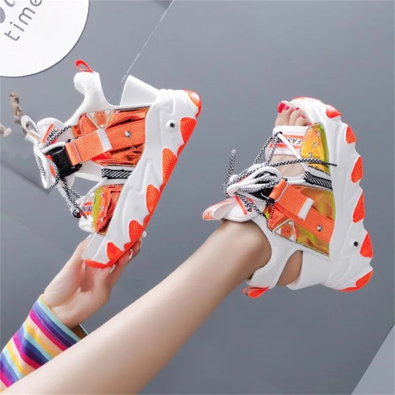 Women Summer Mix Color New Chunky Platform Sandals Hollow Out 9CM Wedge Heels Beach Sandals Woman Thick Bottom Gladiator Shoes