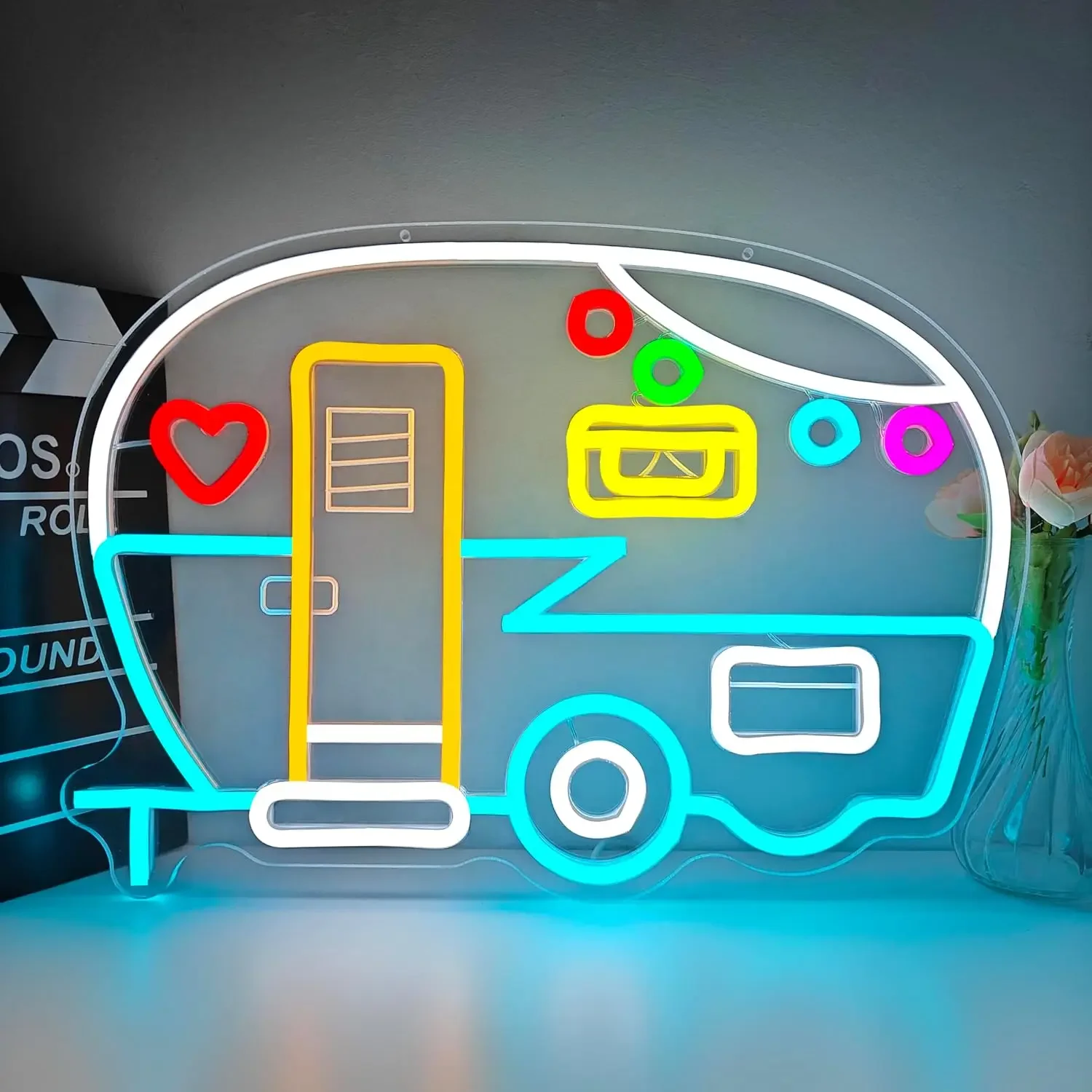 Camper Trailer Neon Sign LED Wall Art Heart RV Caravan Glow USB Powered Dimmable Acrylic Lamp Camping Home Bar Decor