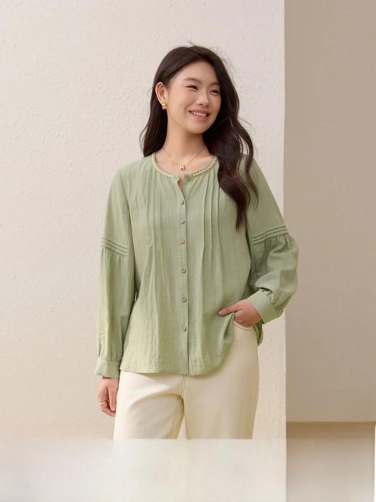 

Elegant round Neck Shirt Artistic Personality Large Size Women's Simple Match Summer New Style Long Sleeve Office Commute Style