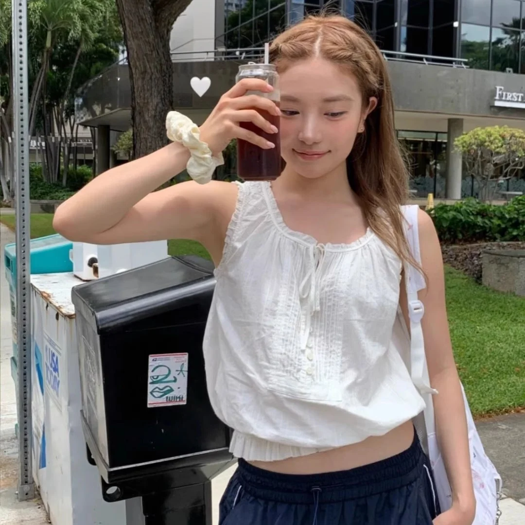 Sweet Sle Pure Color Summer New Arrival TheBarnet Eight Milk irtl Vest Top Loose Fit round Ne ort Length Women's S...