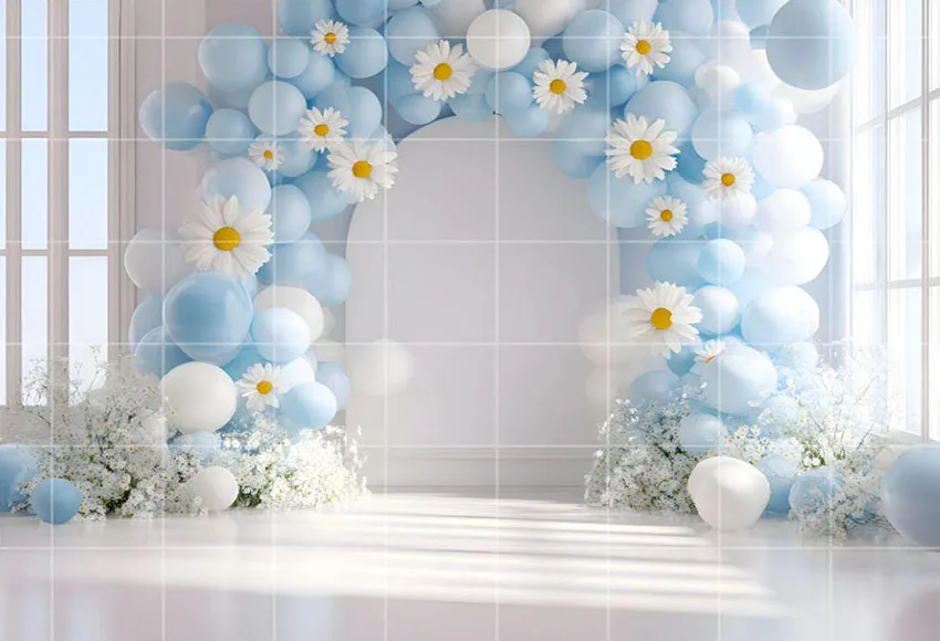 Mehofond التصوير خلفية أزرق أبيض ديزي الأزهار بالون الاطفال عيد ميلاد كعكة سحق صورة ديكور خلفية استوديو الصور