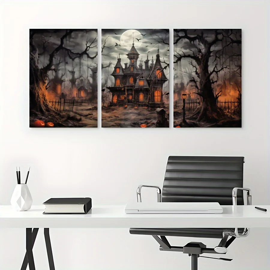 2D Flat - 3 Panel Gothic Halloween Haunted House Canvas Wall Art, Gallery  Canvas  Spooky Full Moon Bat Decor for Living Room