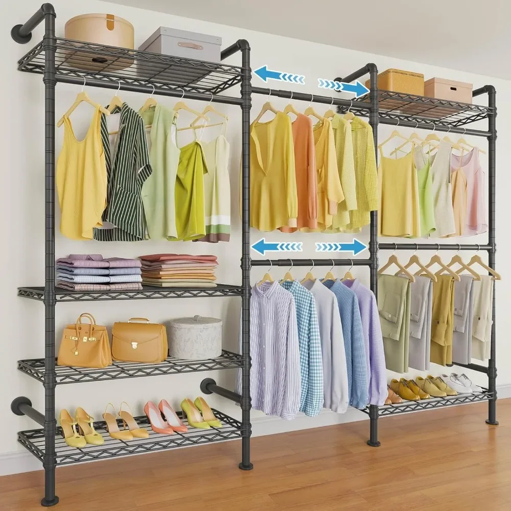 F3 Garment Rack Heavy Duty Clothes Rack for Hanging Clothes, Expandable Industrial Pipe Wall Mounted Clothing Racks, Adjustable